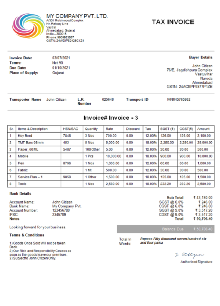 India My Company Pvt Ltd invoice PSD template